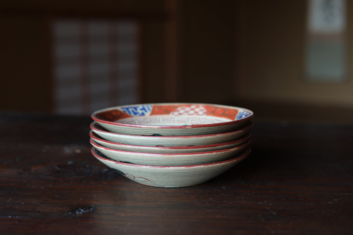 Kutani Antique Plate Set – Five Piece Red Gold Porcelain Dishes With Hermit Figure Design