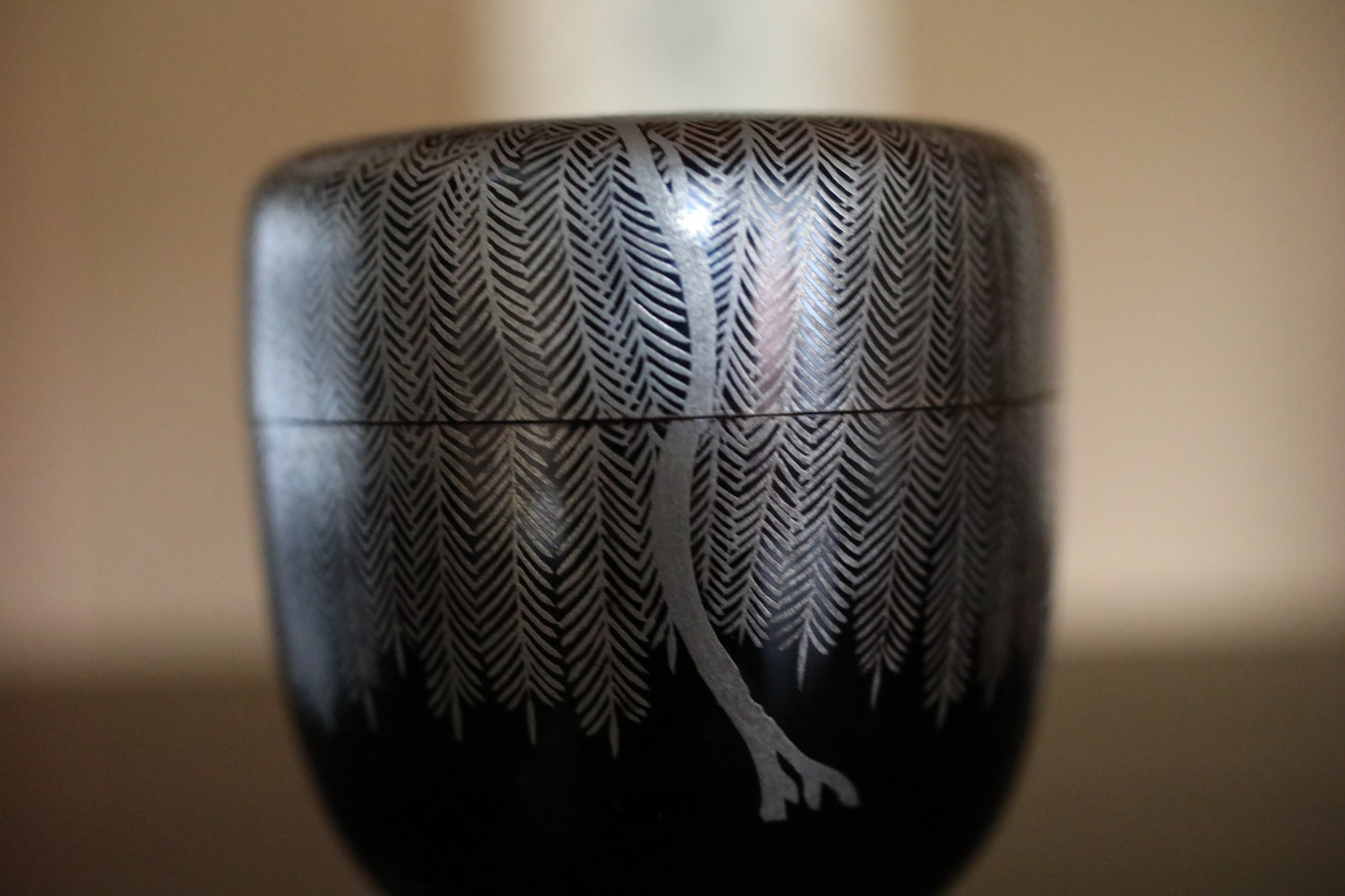 FINE!! RARE! Japanese vintage "matcha" green tea caddy with gold Silver willow tree Wajima Makie "棗 natsume" for tea ceremony H2.6in/H2.6cm