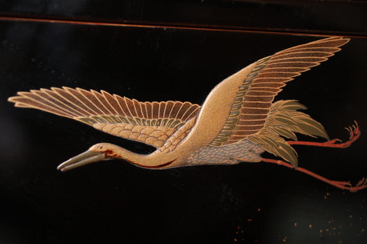 Antique Japanese Lacquer Jubako Box: Edo Crane Waves Makie, 4-Tiered