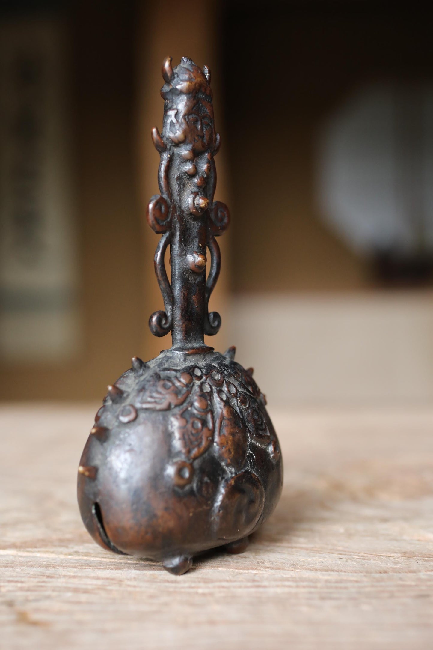 Antique Japanese Bronze Bell - 1800s Buddhist Sorcerer Handle | Tea Ceremony Doorbell