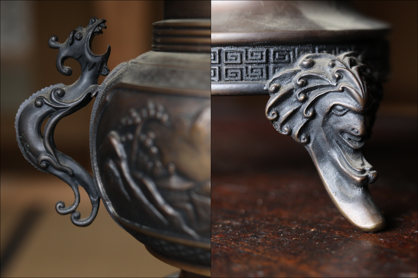 Japanese vintage bronze SUIBAN flower vase USUBATA H13in/H33cm/ Japanese antique 1800s soot-stained pottery dolls of two gods, Ebisu and Daikoku, the Seven Lucky Gods,  Edo handmade craft H6.5in/16.5cm