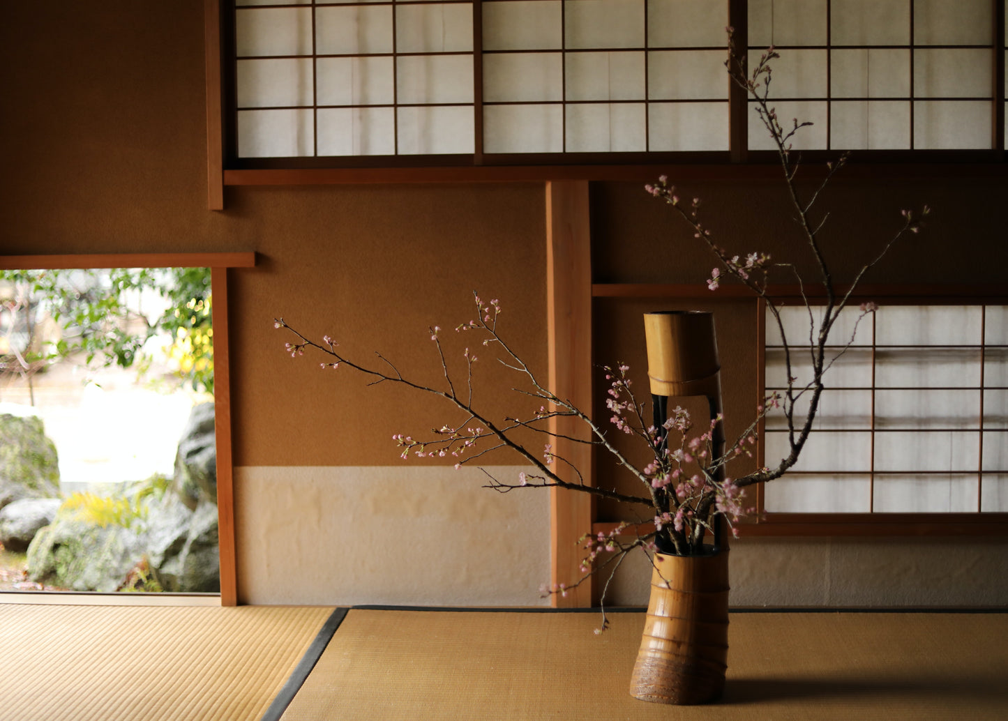 Vintage Japanese Bamboo Flower Vase, Black Lacquer, Copper Interior, Ikebana H26in/H66cm
