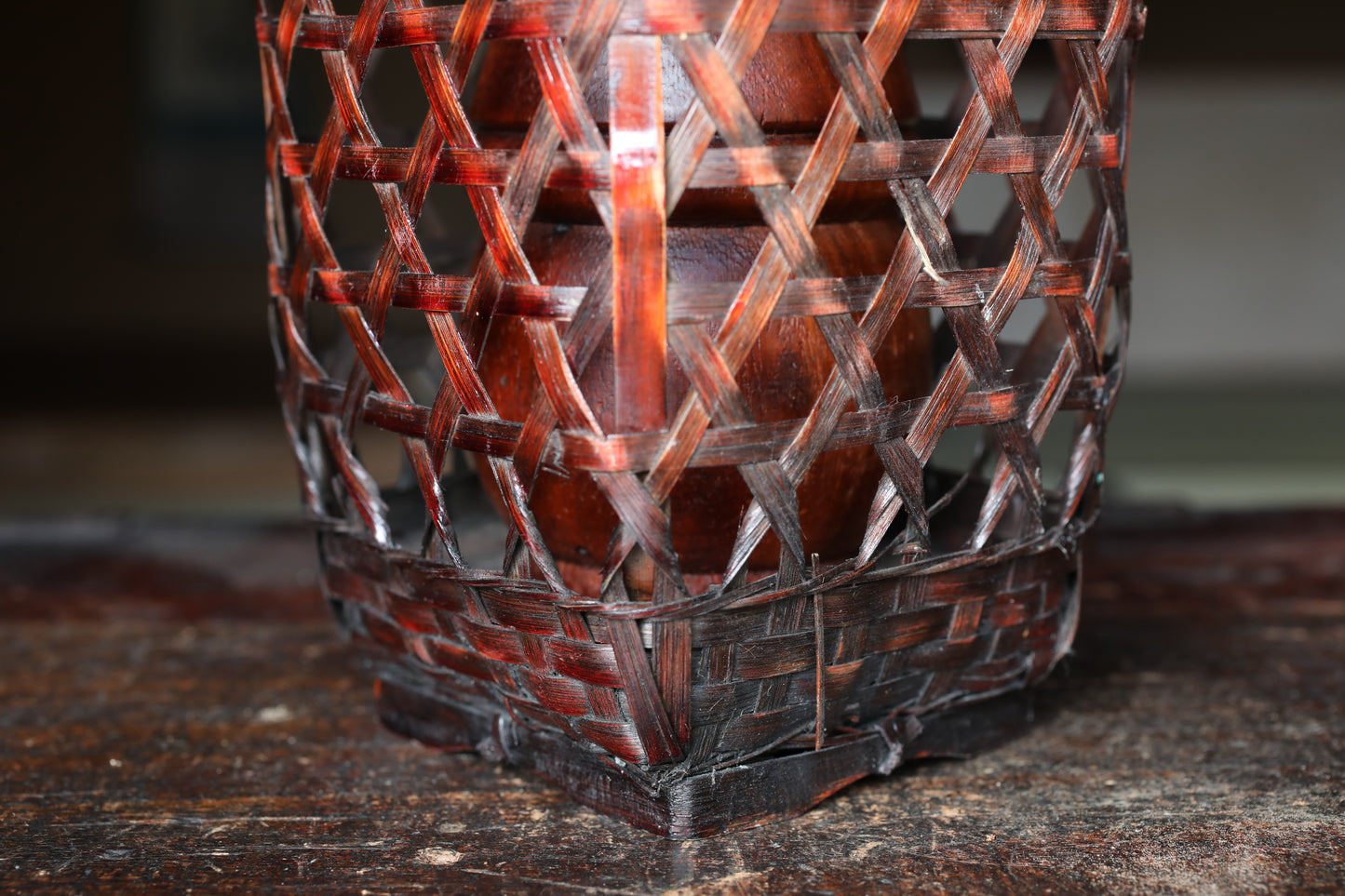 Japanese vintage hexagonal weave bamboo basket For IKEBANA, Tea ceremony H13.2x4.7in/33.5×12cm