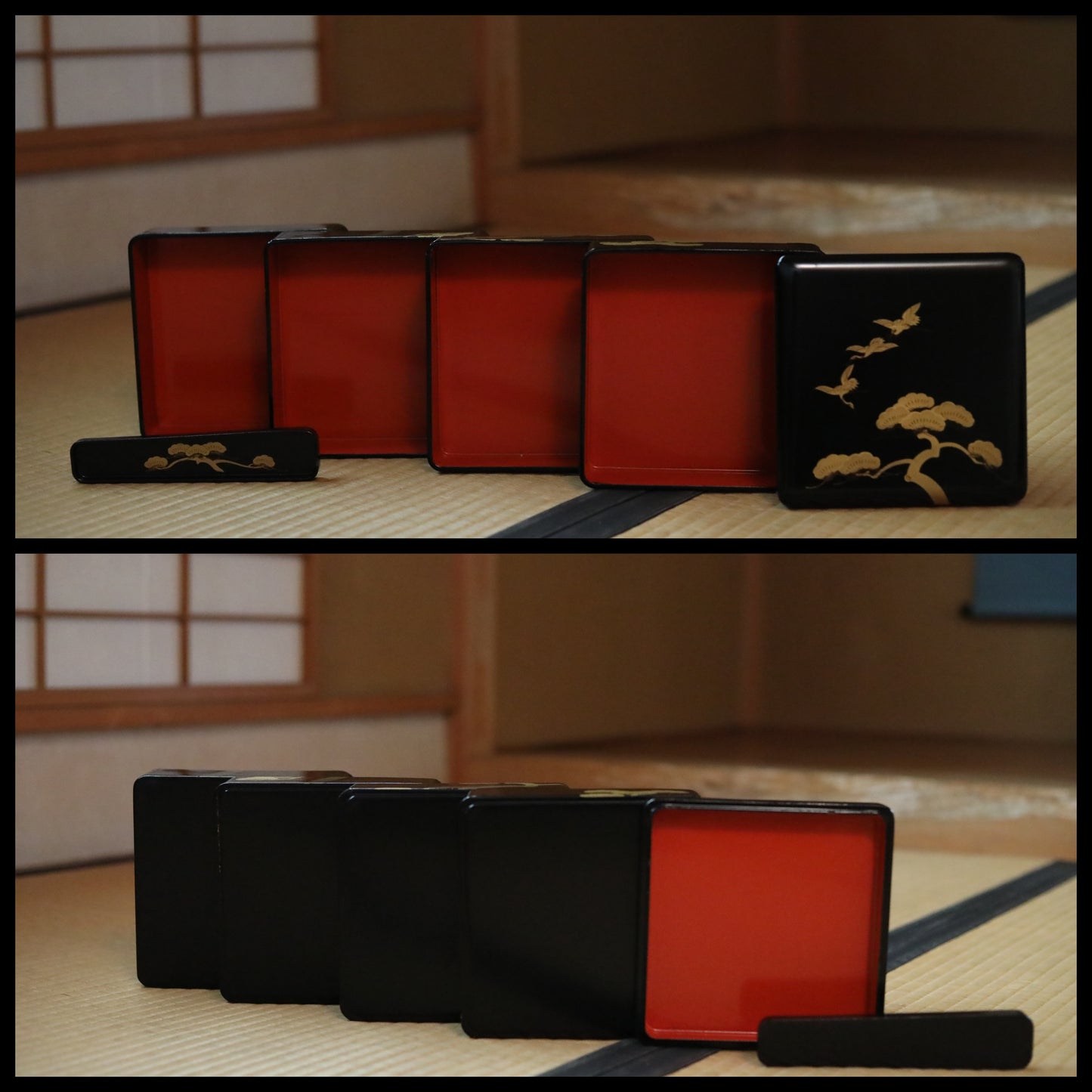 Japanese antique 1910s Gorgeous Lacquer full set Sake cup/ Pot/ Table/ box /plates /black gold pine crane MAKIE URUSHI 17.3in×12in/44×30.5cm
