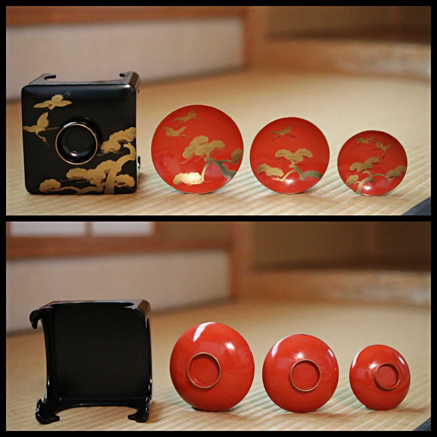 Japanese antique 1910s Gorgeous Lacquer full set Sake cup/ Pot/ Table/ box /plates /black gold pine crane MAKIE URUSHI 17.3in×12in/44×30.5cm