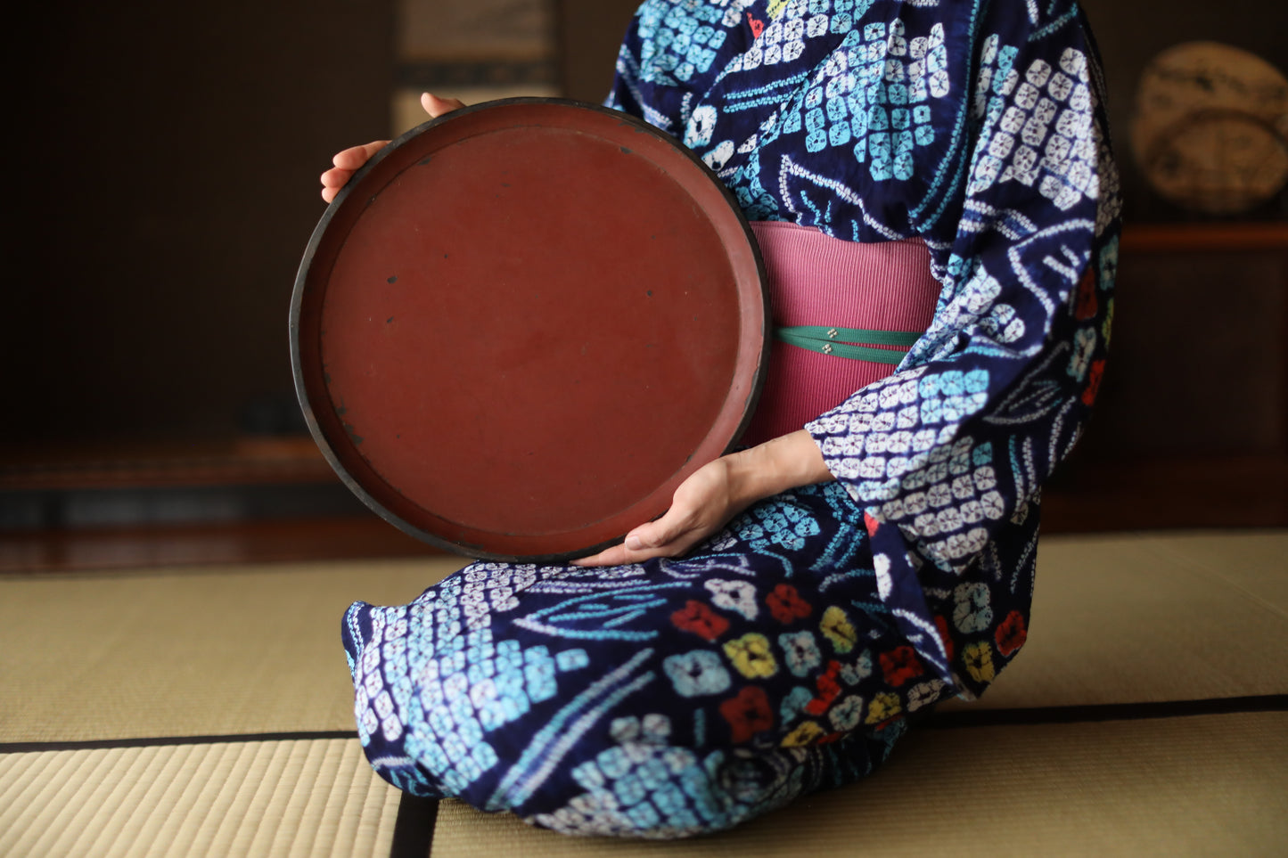 Japanese antique round wooden tray, lacquered in red and black with walnut legs, urushi OBON sencha tea H2xW14.6in / H5xW37cm