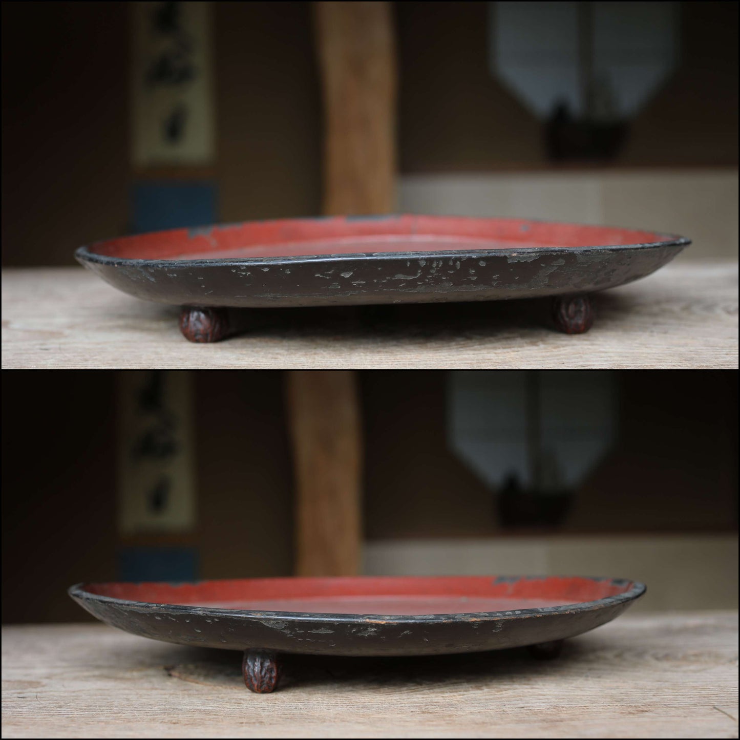 Japanese antique round wooden tray, lacquered in red and black with walnut legs, urushi OBON sencha tea H2xW14.6in / H5xW37cm