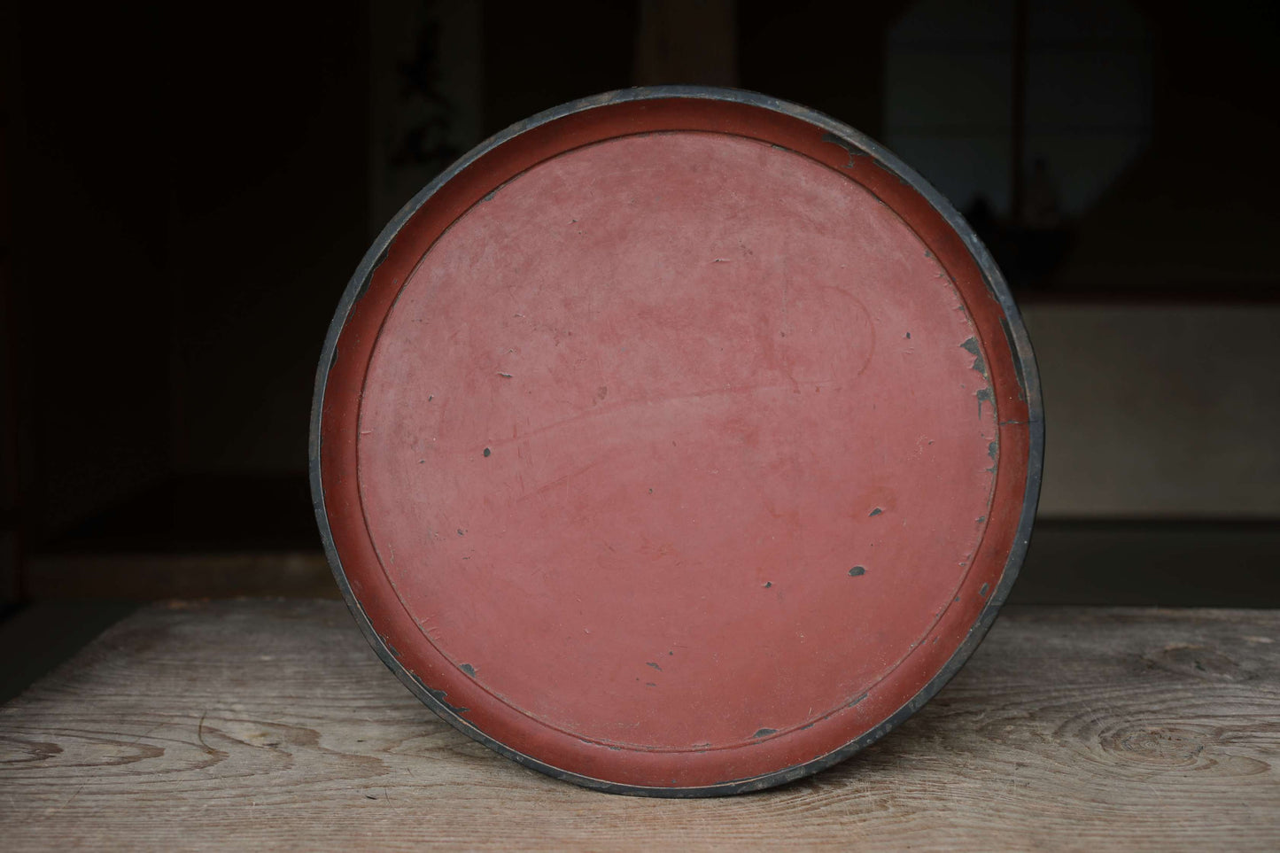 Japanese antique round wooden tray, lacquered in red and black with walnut legs, urushi OBON sencha tea H2xW14.6in / H5xW37cm