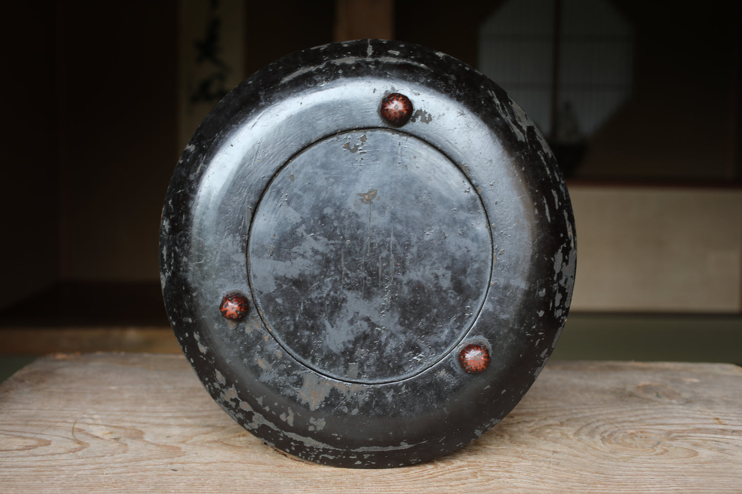 Japanese antique round wooden tray, lacquered in red and black with walnut legs, urushi OBON sencha tea H2xW14.6in / H5xW37cm