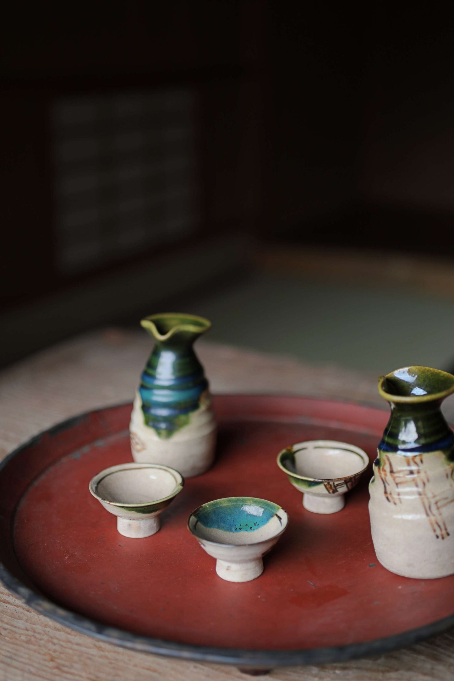 Japanese antique round wooden tray, lacquered in red and black with walnut legs, urushi OBON sencha tea H2xW14.6in / H5xW37cm