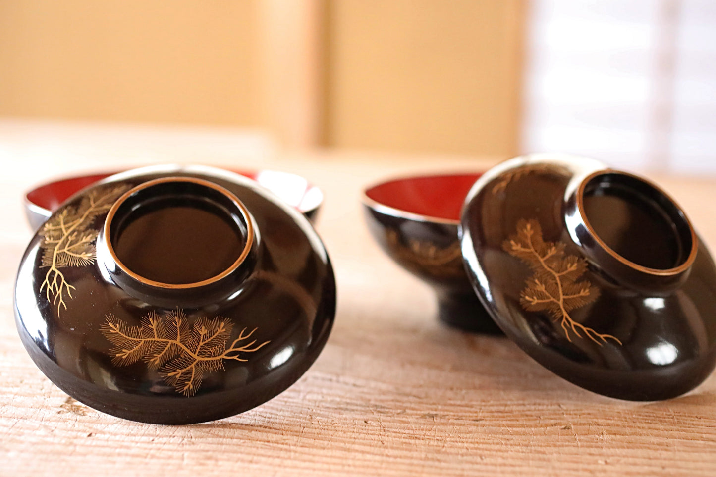 FINE! Japanese antique 1800s Urushi lacquer bowls set of 2, Owan miso cups pine tree design black gold lacquer tableware EDO hand craft