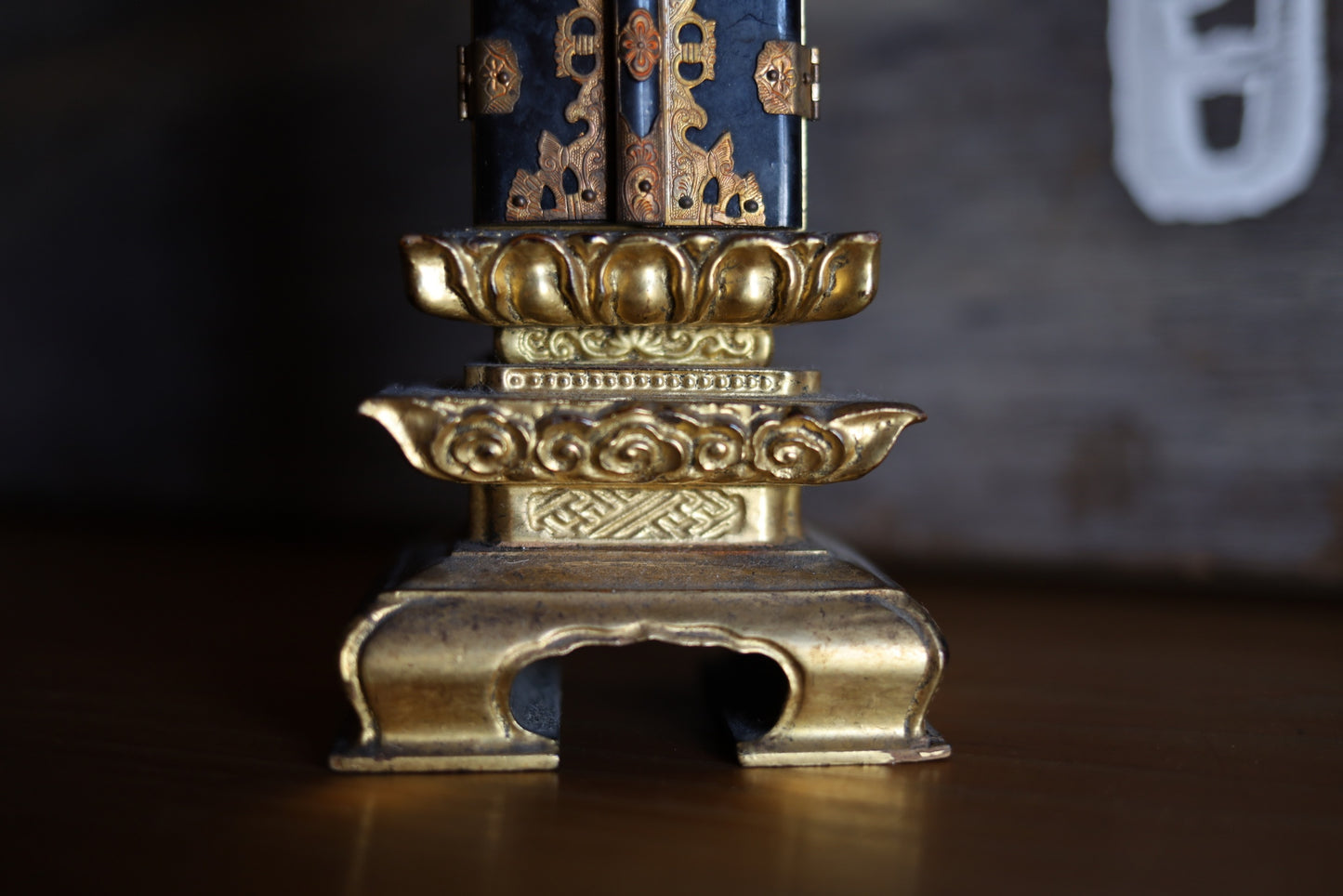 Japanese vintage IHAI Buddhist Household Shrine Altar Small Memorial ancestral Temple wood lacquer gold clouds lotus 1970s H9.6in/H24.4cm