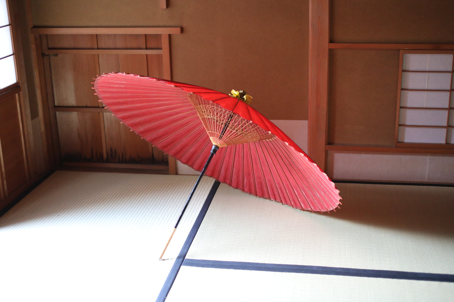 Japanese vintage KIMONO item Traditional Umbrella WAGASA BANGASA  in dark red , made of paper and bamboo   H29.7×42.1in/H75.5×107cm