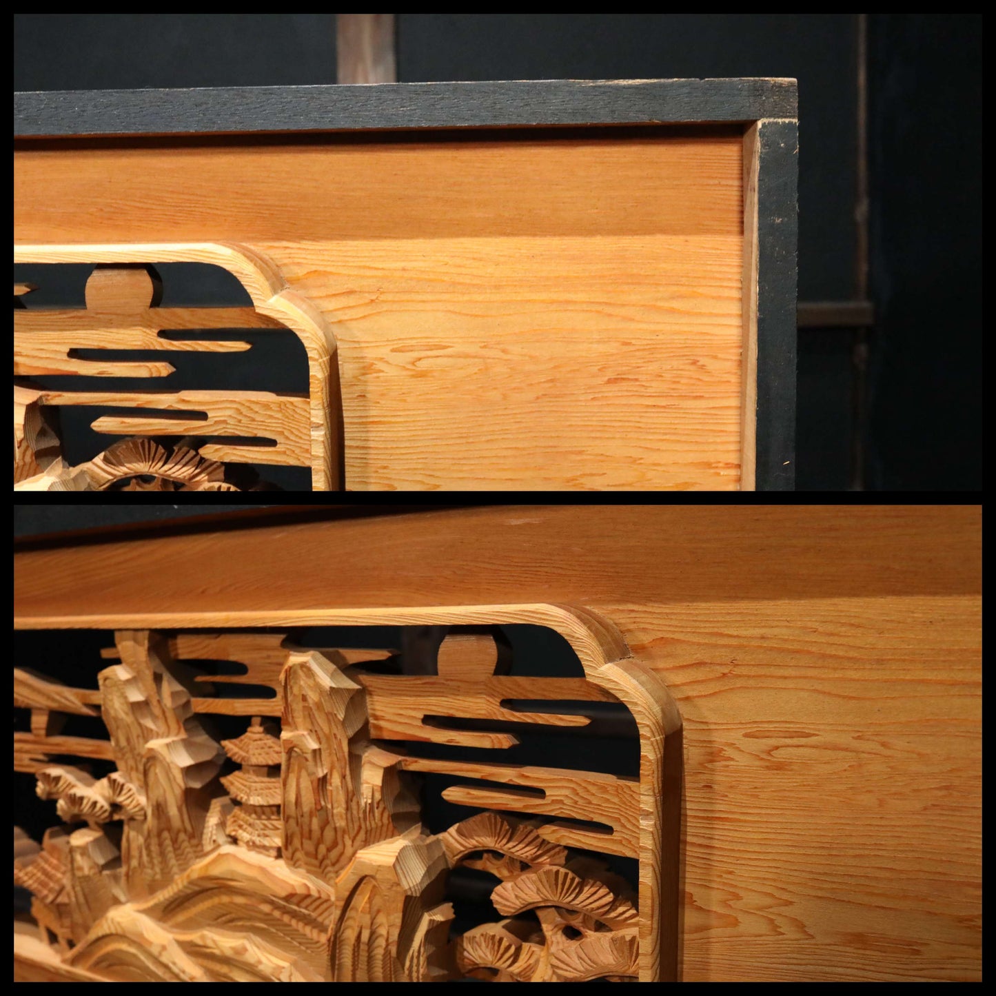 Japanese vintage furniture RANMA Wooden sculpture carving openwork Views of Japanese Garden, sea, mountains, pine trees W13.8in/W184cm