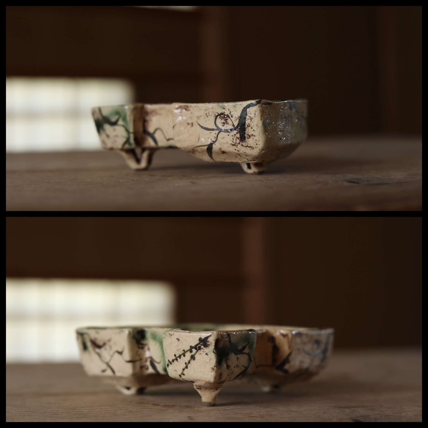 Japanese antique Oribe master craft ceramic plate for tea ceremony minimalist abstract 1880s kiln art craft W6.9×5.7in/W17.5×14.5cm