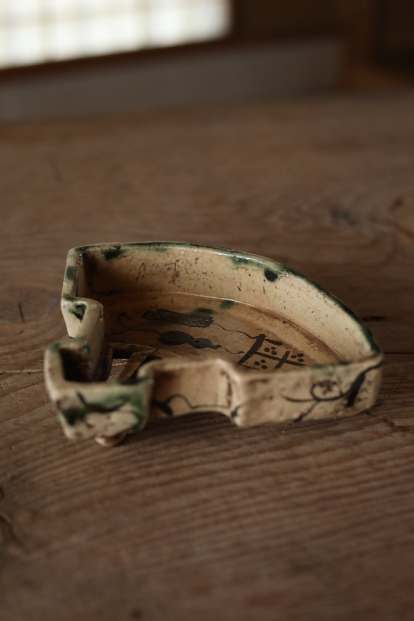 Japanese antique Oribe master craft ceramic plate for tea ceremony minimalist abstract 1880s kiln art craft W6.9×5.7in/W17.5×14.5cm