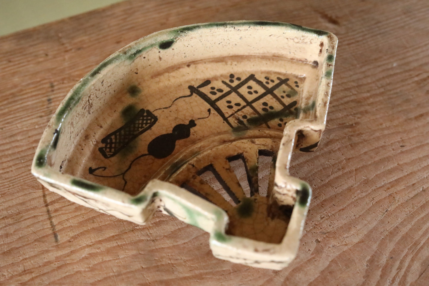 Japanese antique Oribe master craft ceramic plate for tea ceremony minimalist abstract 1880s kiln art craft W6.9×5.7in/W17.5×14.5cm