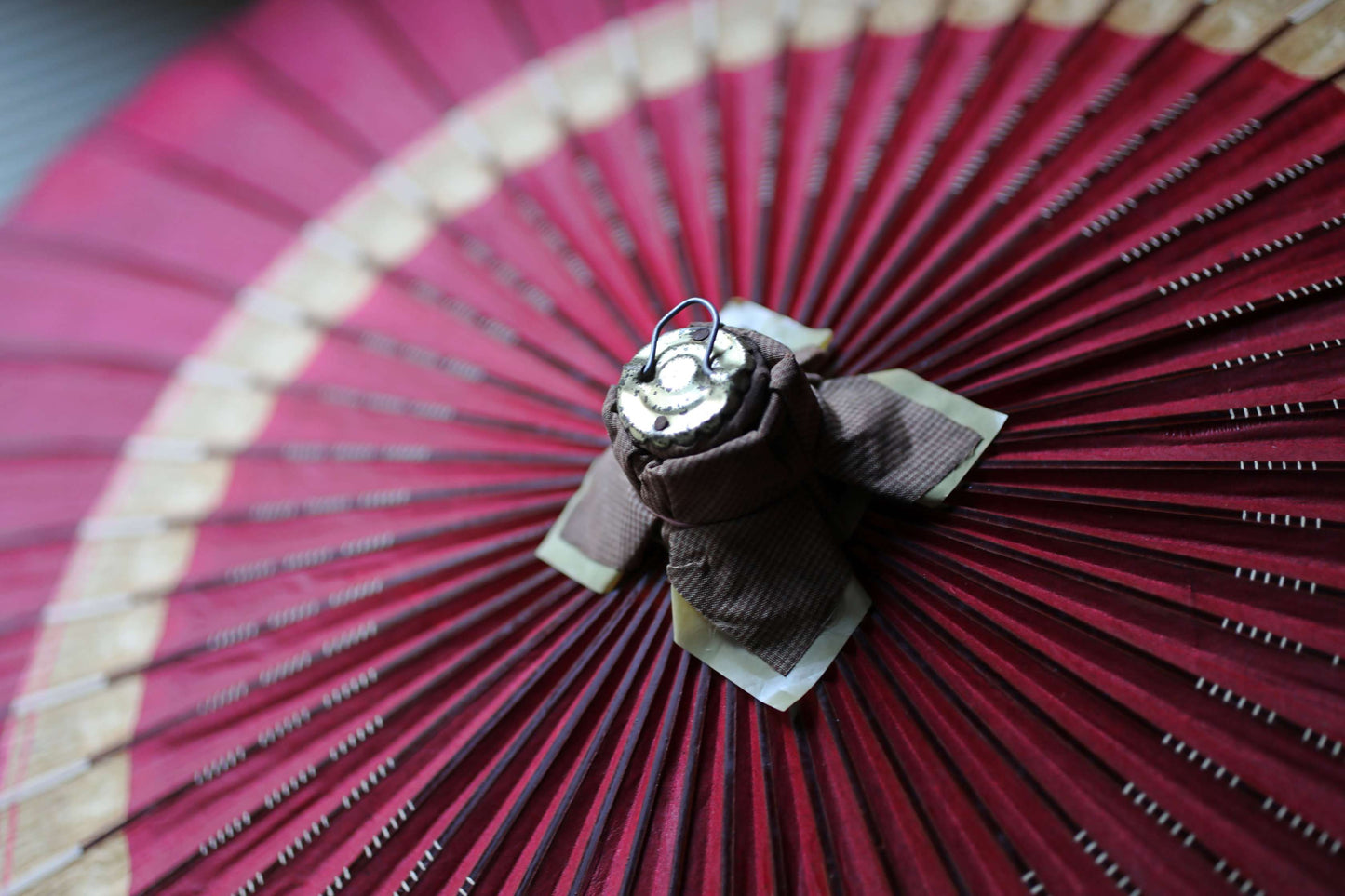 Japanese vintage Traditional Umbrella WAGASA BANGASA  in dark red with a white ring, made of paper and bamboo   H30.3×39.4in/H77×100cm