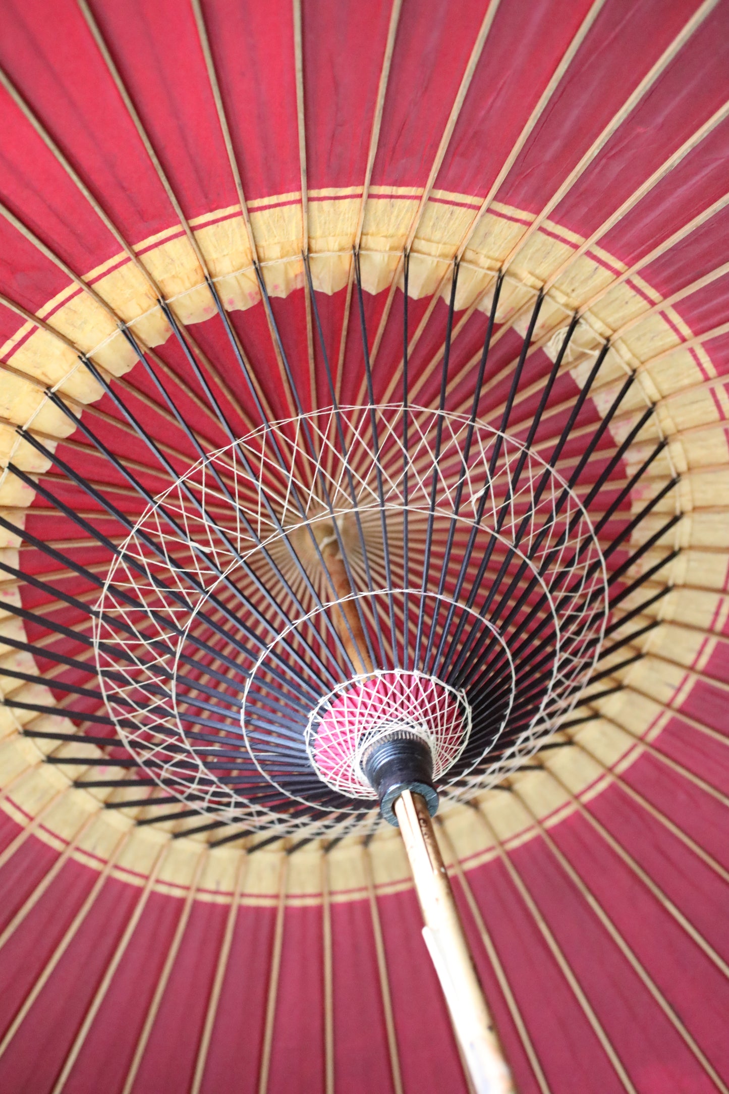 Japanese vintage Traditional Umbrella WAGASA BANGASA  in dark red with a white ring, made of paper and bamboo   H30.3×39.4in/H77×100cm