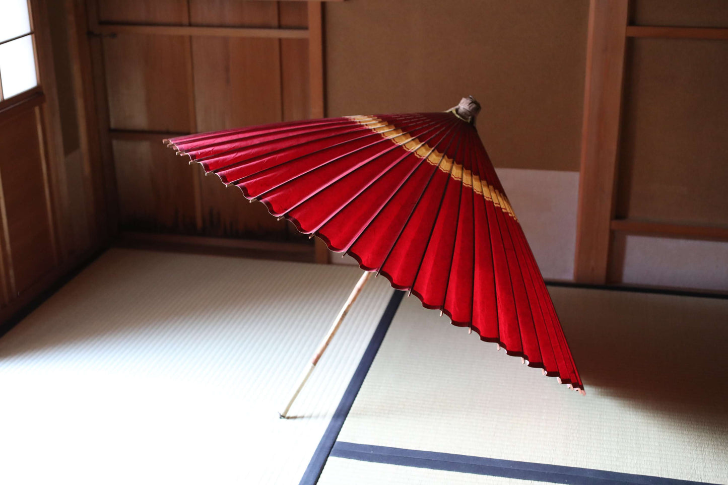 Japanese vintage Traditional Umbrella WAGASA BANGASA  in dark red with a white ring, made of paper and bamboo   H30.3×39.4in/H77×100cm