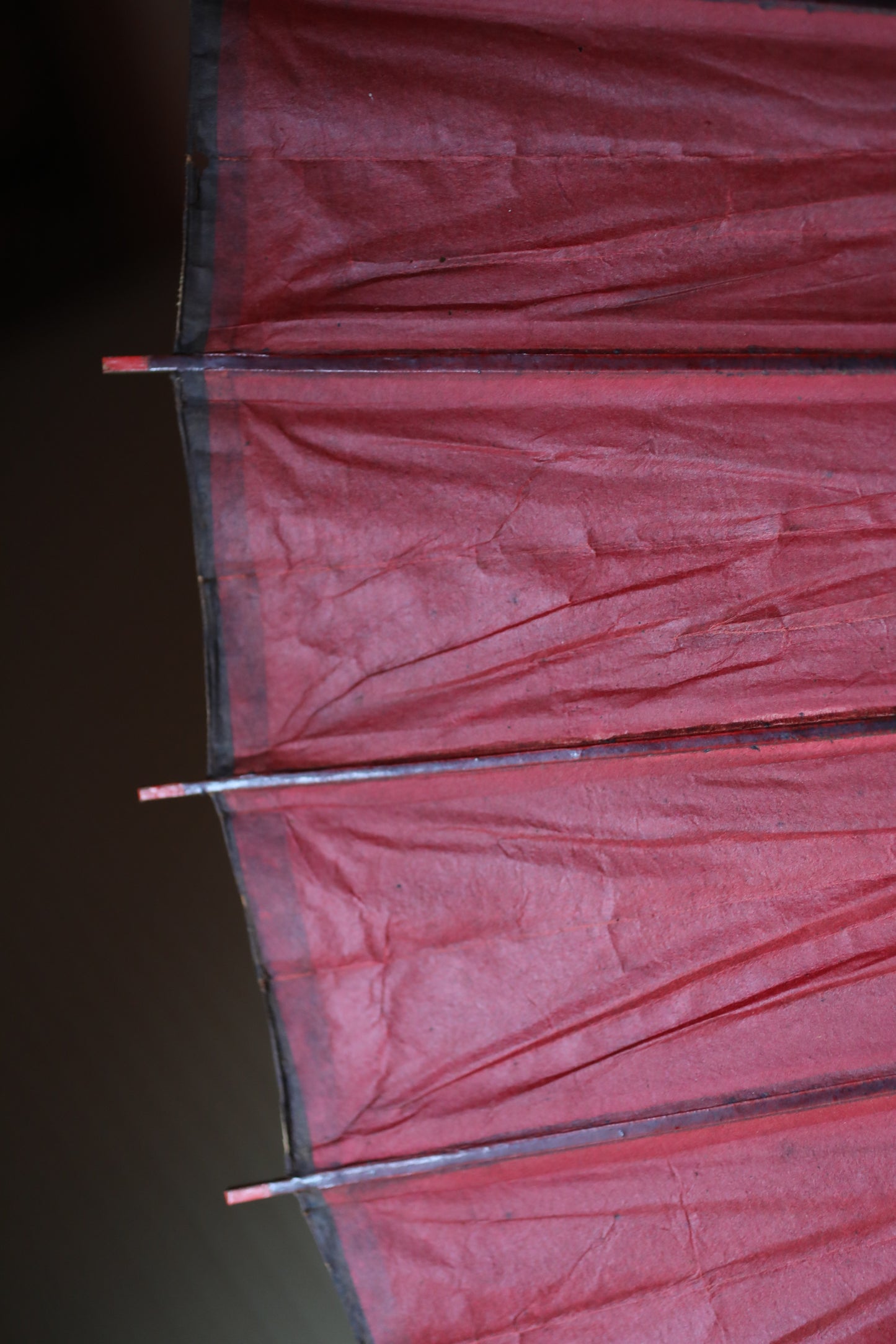 Japanese vintage Traditional Umbrella WAGASA BANGASA  in dark red with a white ring, made of paper and bamboo   H29.9×39.4in/H76×100cm