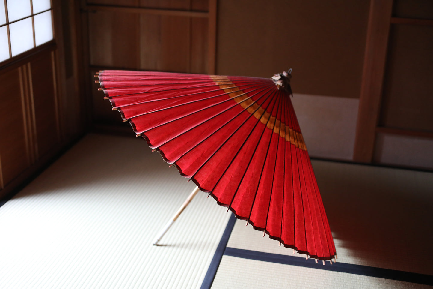 Japanese vintage Traditional Umbrella WAGASA BANGASA  in dark red with a white ring, made of paper and bamboo   H29.9×39.4in/H76×100cm