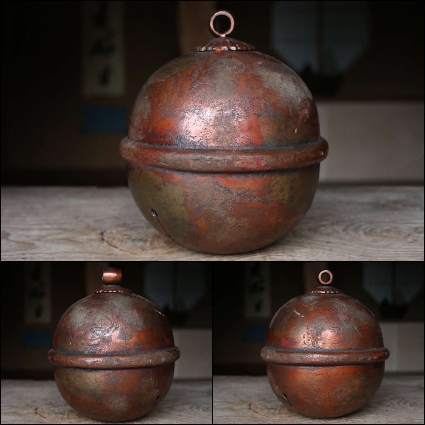 BIG! Japanese antique heavy bronze bell with the Hollyhock Crest, the family emblem of Tokugawa clan, memorial shrine bell, H10.6in/H27cm