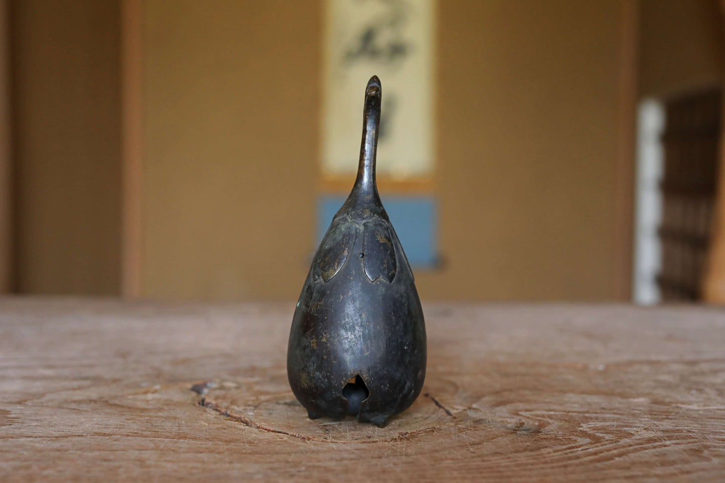 Japanese antique bronze eggplant shaped hand bell, Japanese lucky bell with handle and a hole 1900s H5.5in/H14cm