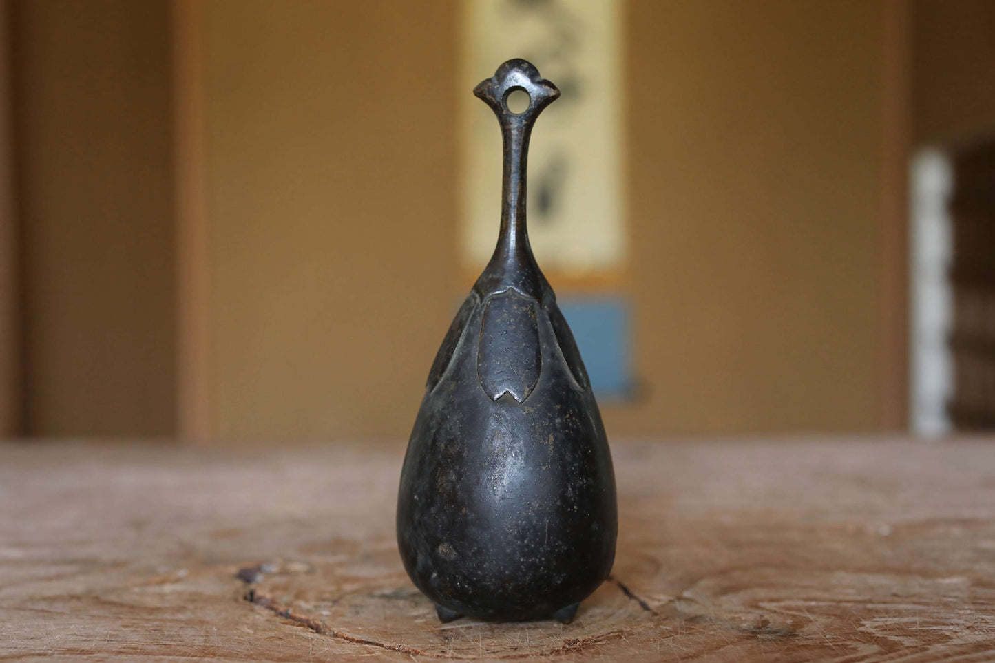 Japanese antique bronze eggplant shaped hand bell, Japanese lucky bell with handle and a hole 1900s H5.5in/H14cm