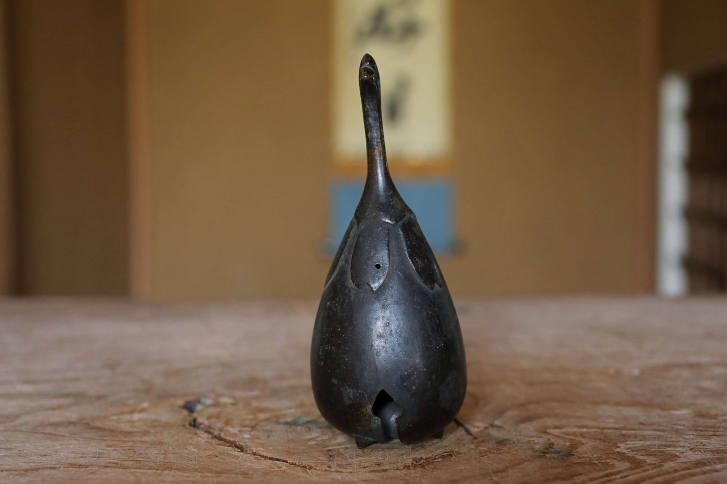 Japanese antique bronze eggplant shaped hand bell, Japanese lucky bell with handle and a hole 1900s H5.5in/H14cm