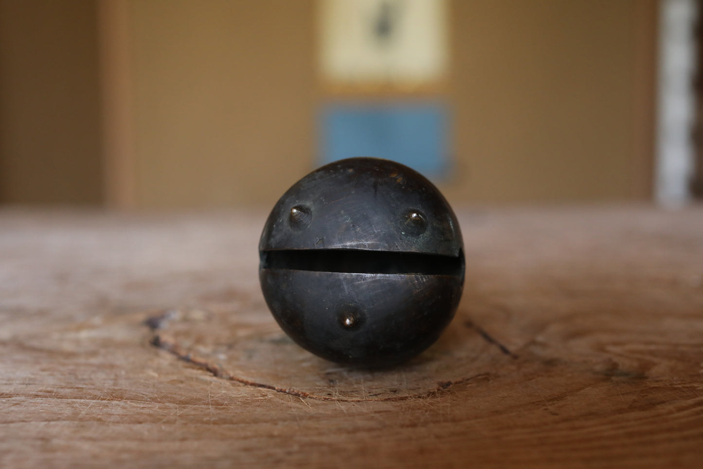 Japanese antique bronze eggplant shaped hand bell, Japanese lucky bell with handle and a hole 1900s H5.5in/H14cm