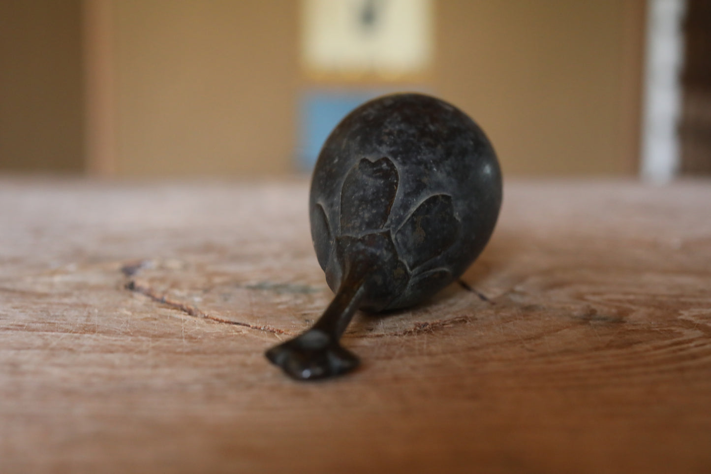Japanese antique bronze eggplant shaped hand bell, Japanese lucky bell with handle and a hole 1900s H5.5in/H14cm