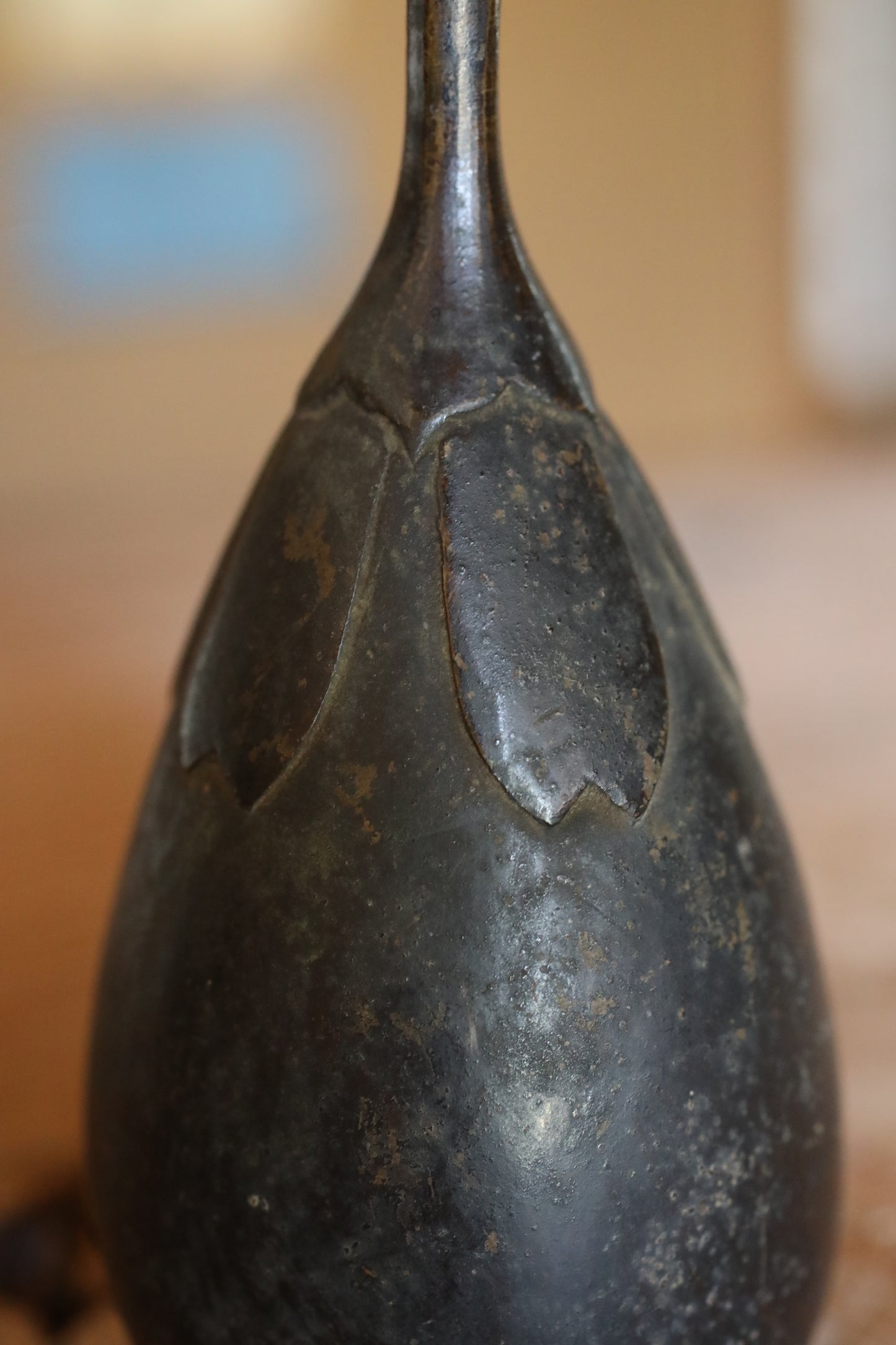 Japanese antique bronze eggplant shaped hand bell, Japanese lucky bell with handle and a hole 1900s H5.5in/H14cm