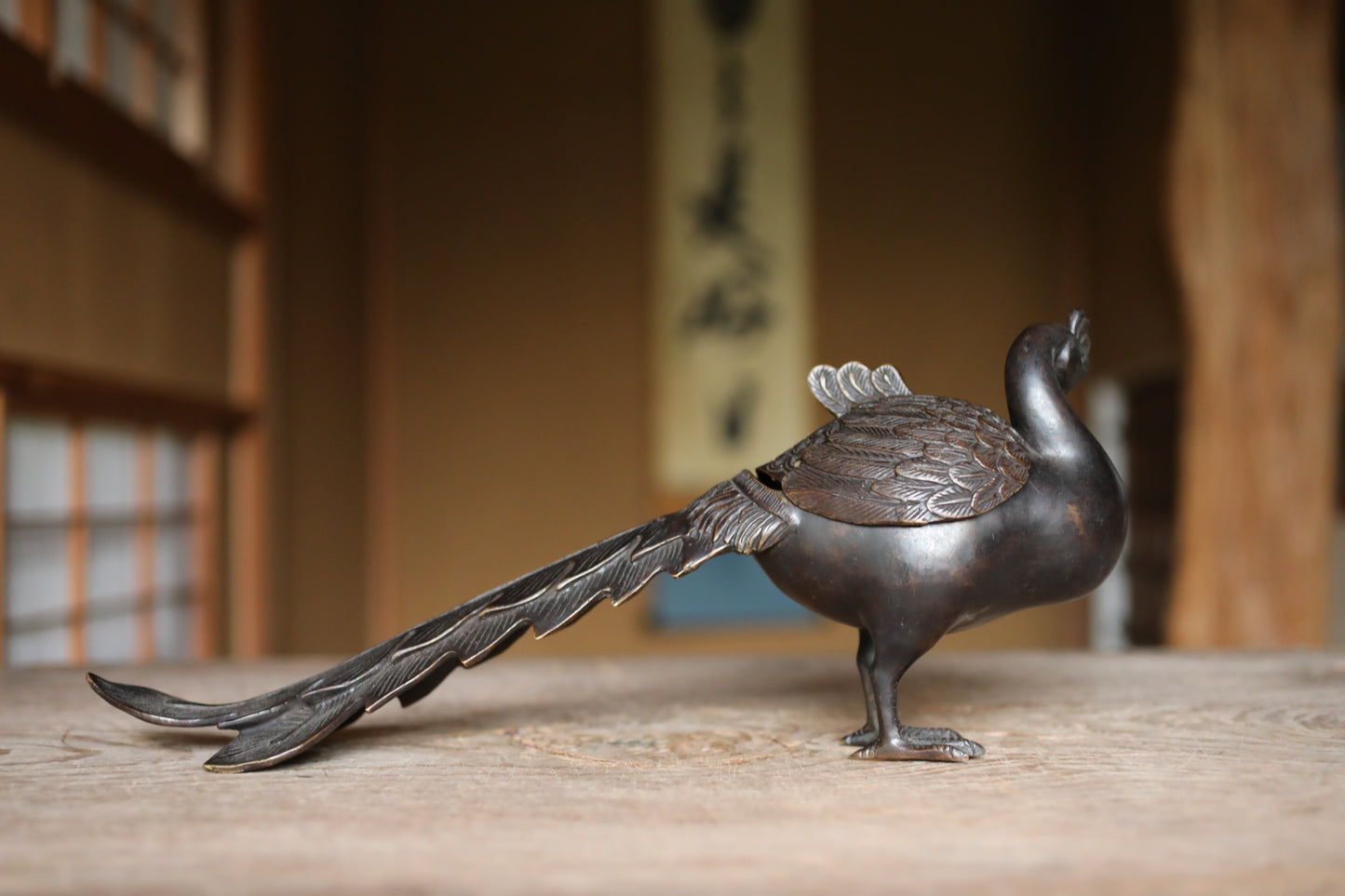 Japanese antique Bronze Peacock Incense burner with a box, decorative lost wax incense censer, tea room furnishing H6.7×15.4in/H17×39cm