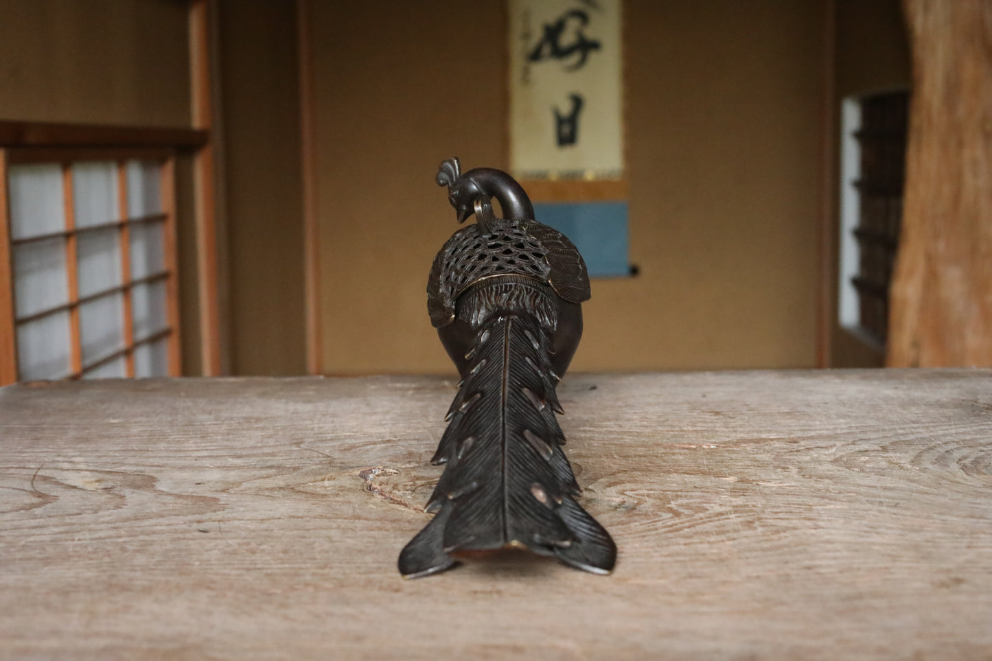 Japanese antique Bronze Peacock Incense burner with a box, decorative lost wax incense censer, tea room furnishing H6.7×15.4in/H17×39cm
