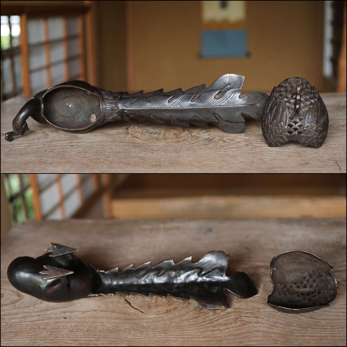 Japanese antique Bronze Peacock Incense burner with a box, decorative lost wax incense censer, tea room furnishing H6.7×15.4in/H17×39cm