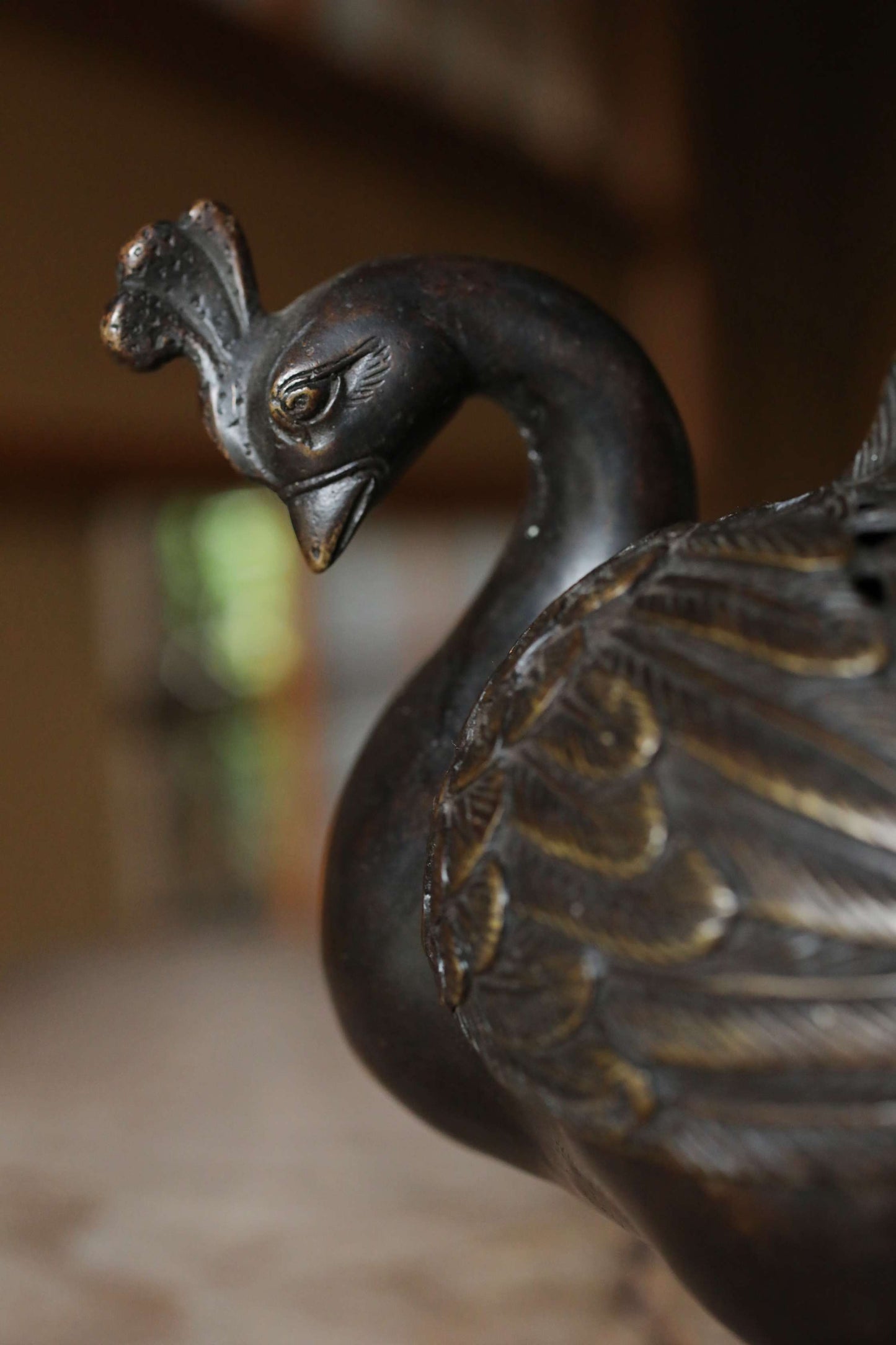 Japanese antique Bronze Peacock Incense burner with a box, decorative lost wax incense censer, tea room furnishing H6.7×15.4in/H17×39cm