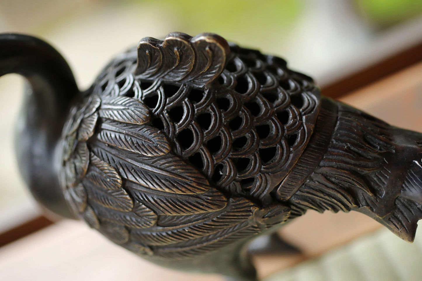 Japanese antique Bronze Peacock Incense burner with a box, decorative lost wax incense censer, tea room furnishing H6.7×15.4in/H17×39cm