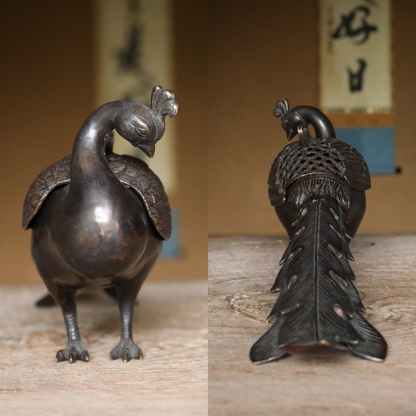 Japanese antique Bronze Peacock Incense burner with a box, decorative lost wax incense censer, tea room furnishing H6.7×15.4in/H17×39cm