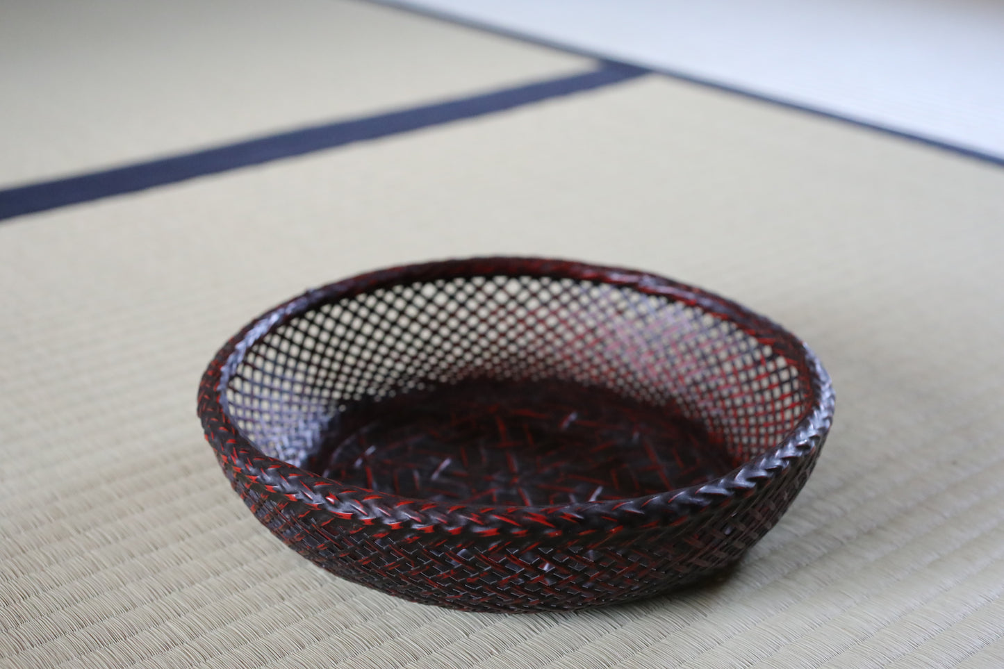 Japanese vintage beautiful bamboo woven lacquered basket for Tea ceremony, shallow basket H2.2xW9.5in/H5.5xW24.2cm
