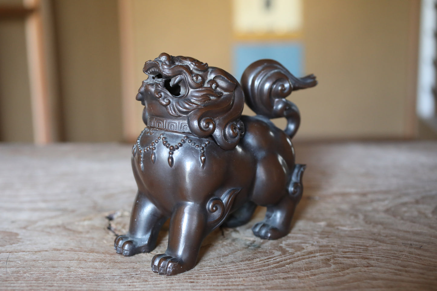FINE! Japanese vintage Bronze statue censer Koro shishi lion with signed, animal Incense burner 1950s buddhist temple H6.3xW7.5in/H16xW19cm