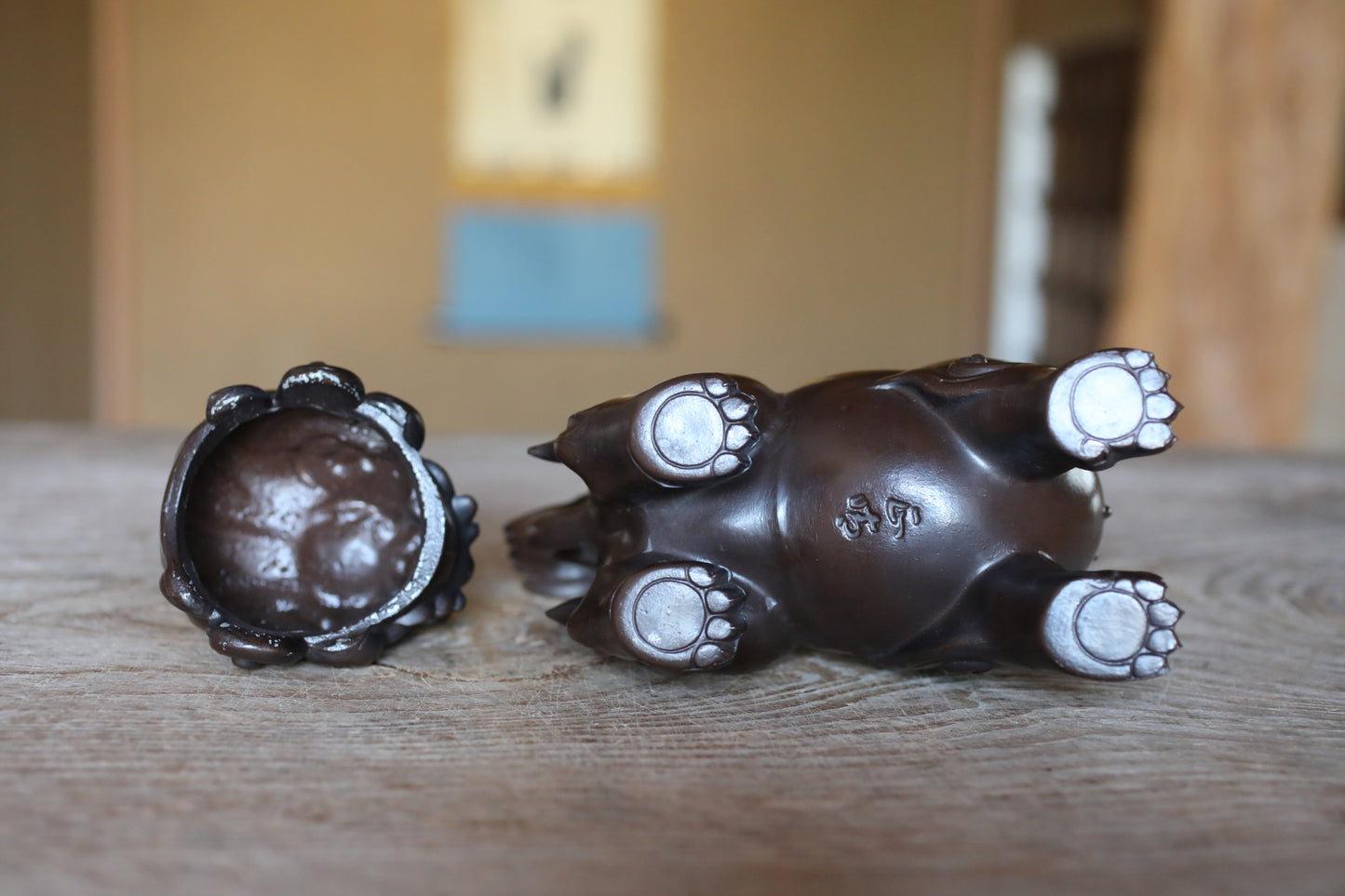 FINE! Japanese vintage Bronze statue censer Koro shishi lion with signed, animal Incense burner 1950s buddhist temple H6.3xW7.5in/H16xW19cm