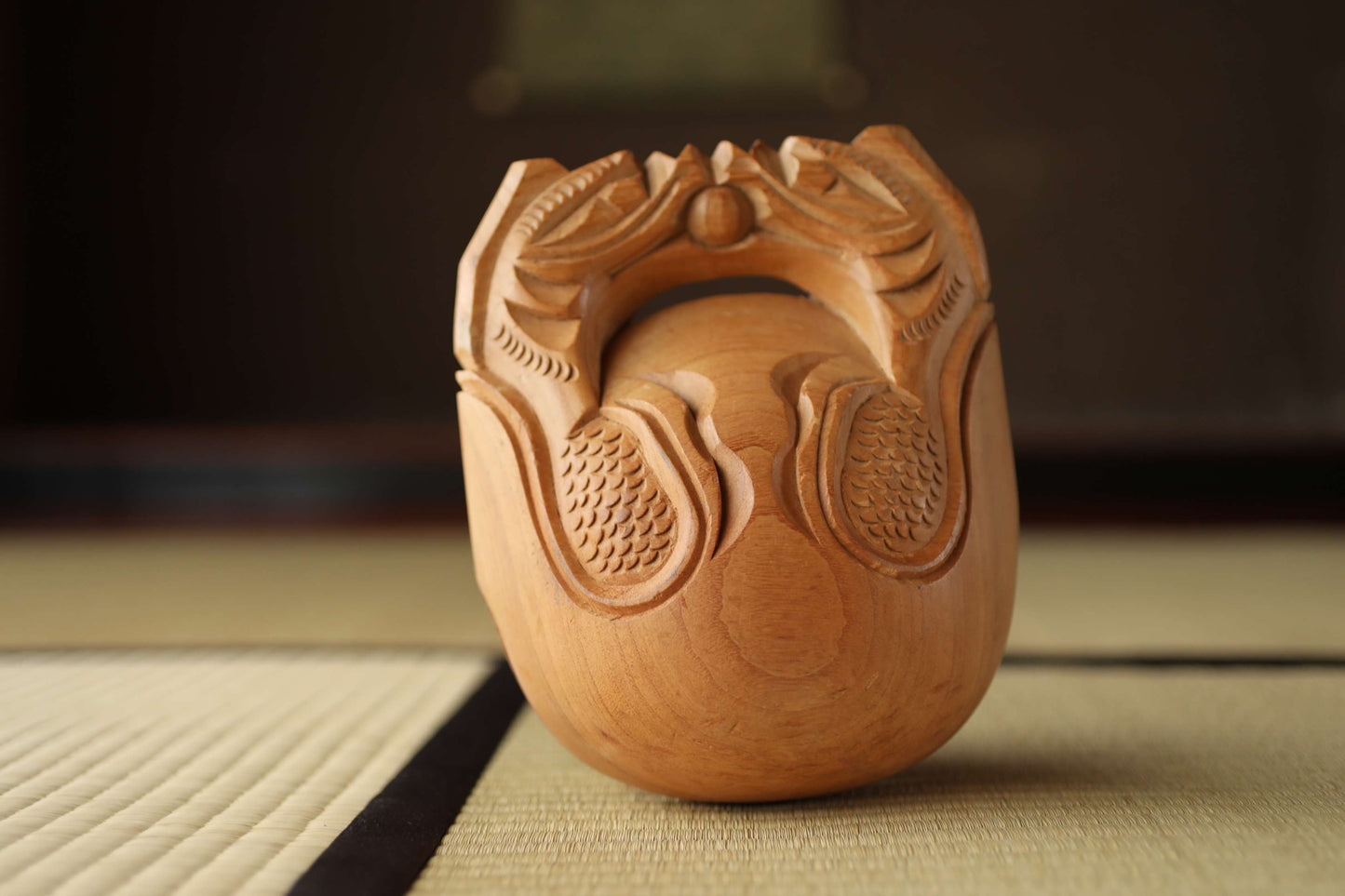 Japanese vintage buddhist alter Patina Wooden Fish drum gong "Mokugyo" with stick and cushion buddhist temple Chanting Drum 7.7in/19.5cm