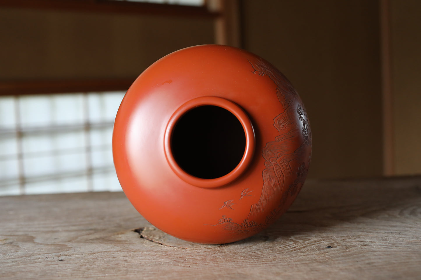 Japanese vintage Tokoname ware vase with a pine tree and hand made kiln craft jar flower vase red clay Kanji signed H5.5×7.9in/H14×20cm