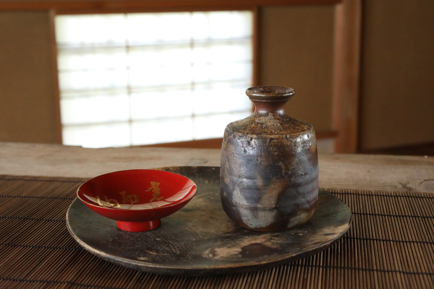 Red lacquer wooden sake cup with calligraphy and signature in gold, Japanese antique wooden urushi "SAKAZUKI" with box, 4.3in/10.8cm