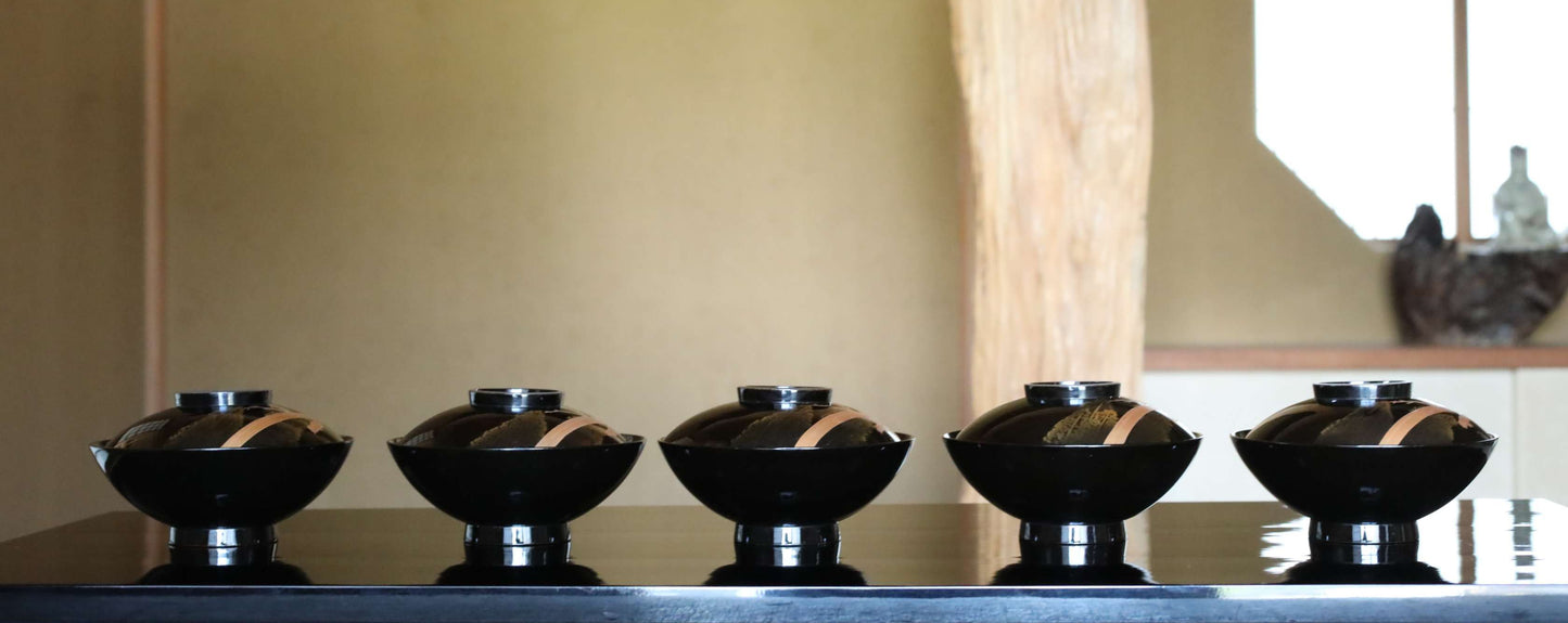 5 set Japanese antique MAKIE fine lacquer bowls with Crescent-shaped lid painting of falcon pine tree at night,  Owan black gold W5.1in/13cm