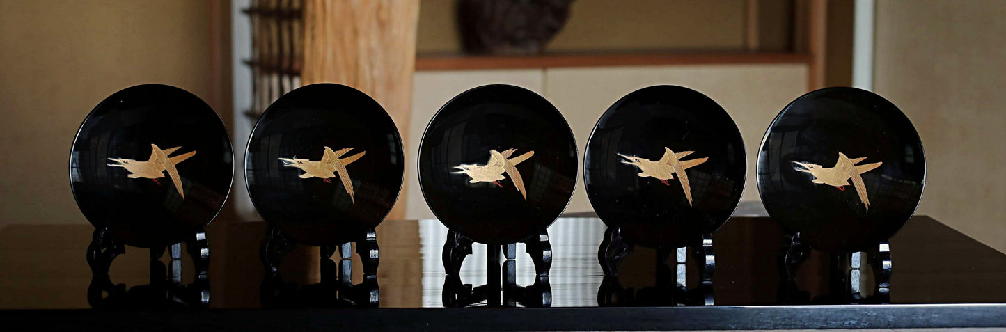 5 set Japanese antique MAKIE fine lacquer bowls with Crescent-shaped lid painting of falcon pine tree at night,  Owan black gold W5.1in/13cm