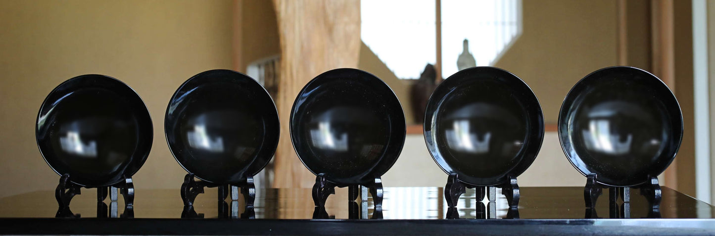 5 set Japanese antique MAKIE fine lacquer bowls with Crescent-shaped lid painting of falcon pine tree at night,  Owan black gold W5.1in/13cm