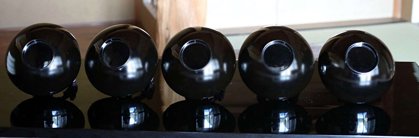 5 set Japanese antique MAKIE fine lacquer bowls with Crescent-shaped lid painting of falcon pine tree at night,  Owan black gold W5.1in/13cm