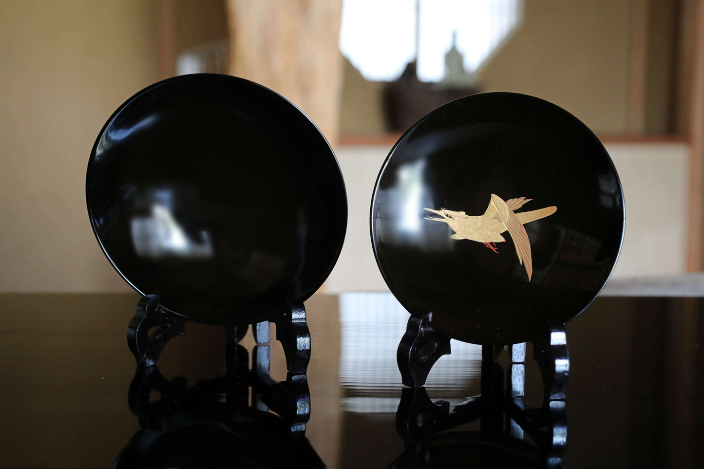 5 set Japanese antique MAKIE fine lacquer bowls with Crescent-shaped lid painting of falcon pine tree at night,  Owan black gold W5.1in/13cm